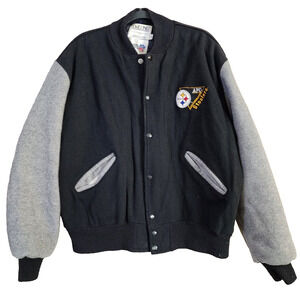 VTG DeLong Mens Team NFL Pittsburgh Steelers Letterman Jacket Size XL Black Gray